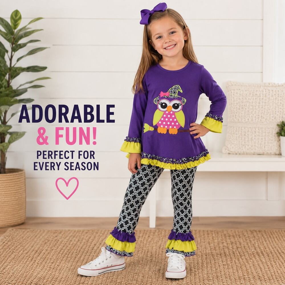Fall Boutique 3 pc  Halloween Owl Witch Ruffle Tunic & Leggings Set sz 4/5 #1633